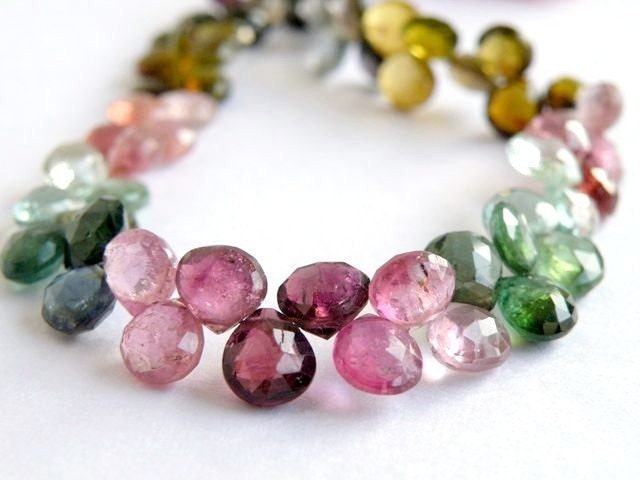 Tourmaline Briolette Gemstone AAA Multi Pink Green Yellow Faceted Heart top Drilled Large 7mm 1/2 Strand