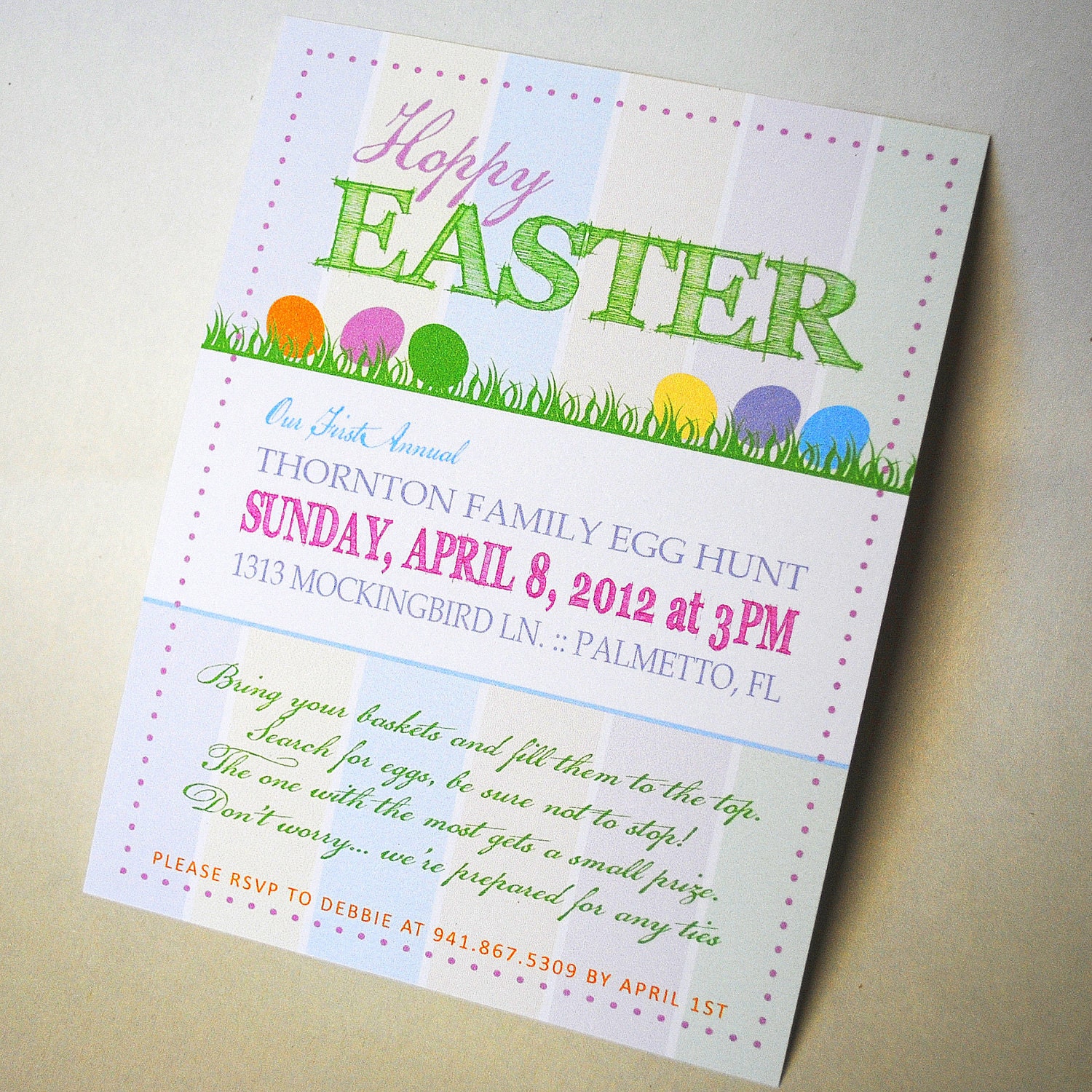 Hoppy Easter, Egg Hunt Invitation with pastel background and colorful eggs - Custom, Personalized and Printable - LisaKaydesigns