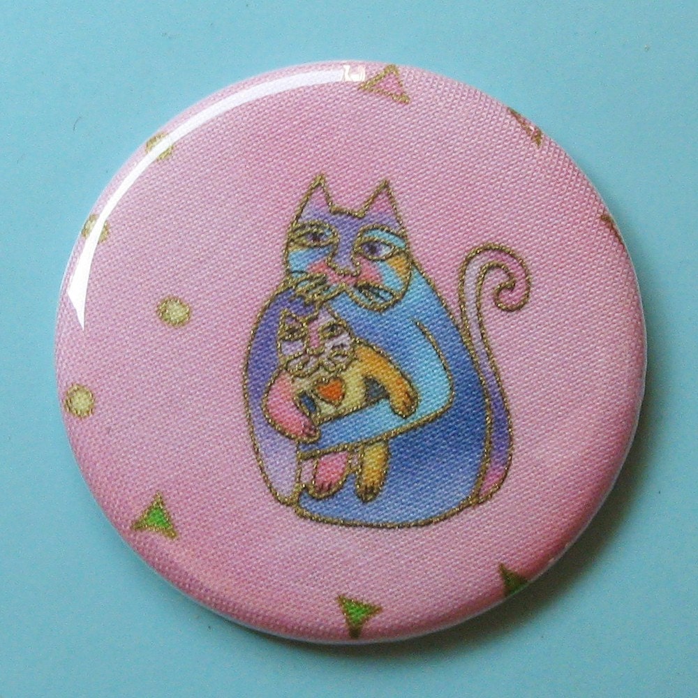 pocket mirror momma and baby cat on pink Laurel Burch fabric covered pocket mirror 2.25 inches
