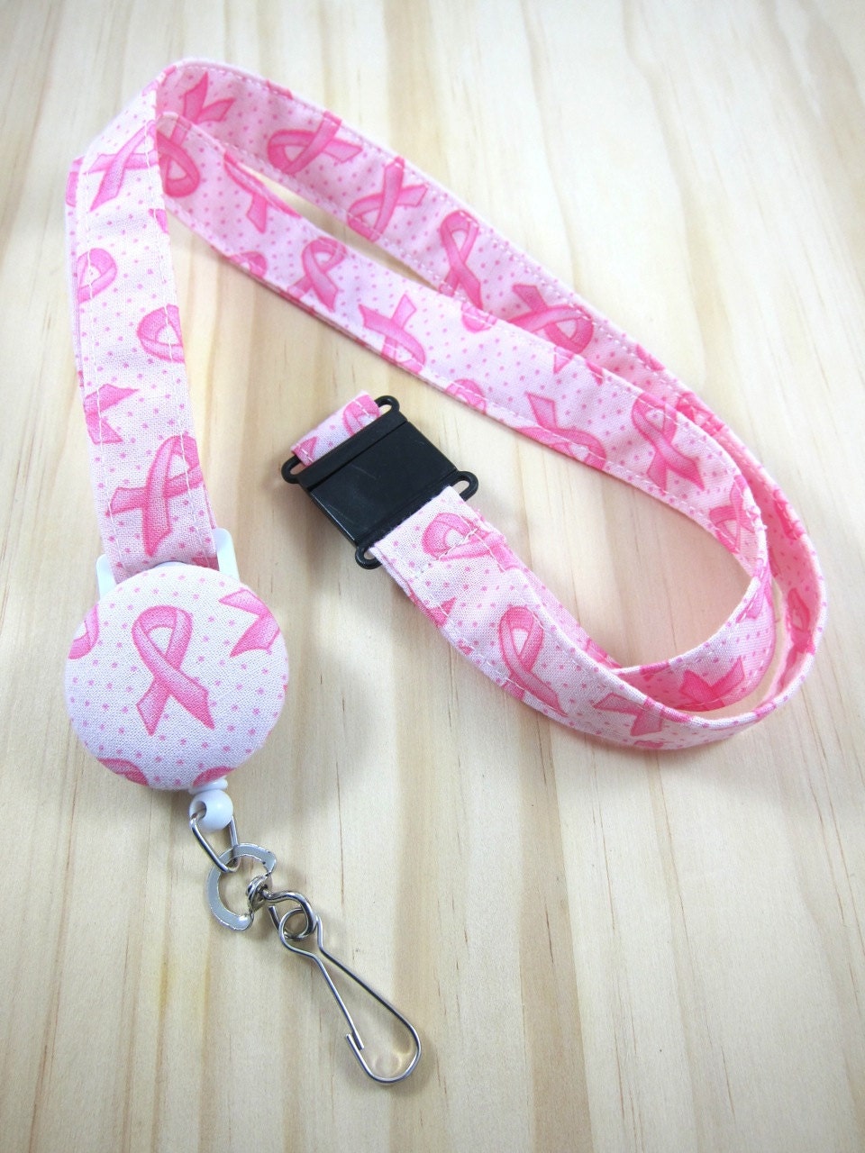 Breast Cancer Awareness Fabric Lanyard with Retractable Badge Reel - Pink Ribbon