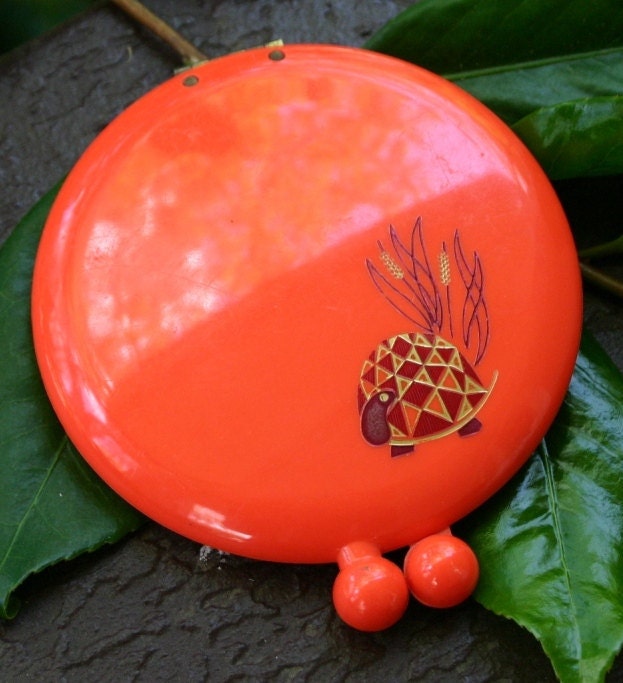 Vintage Revlon Love Pat Retro Red / Orange Turtle Compact