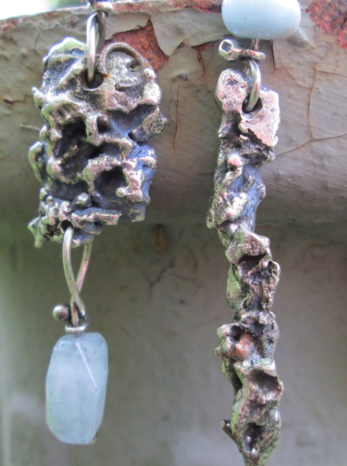 Urban Primitive Organic Rustic Sterling and Aquamarine Asymmetric Earrings free shipping