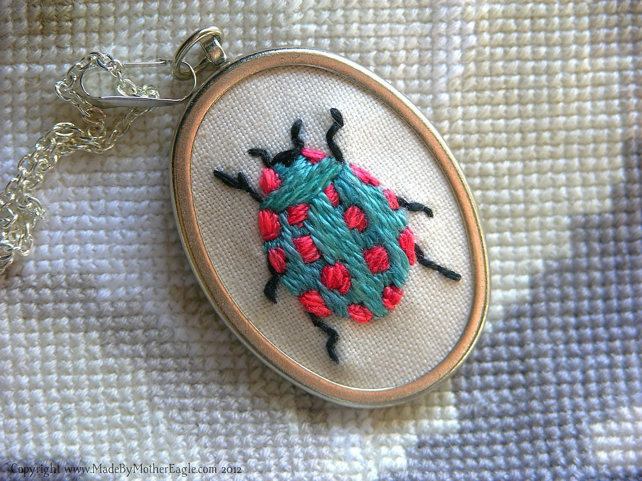 The Aquarius Beetle Pendant, Hand-Embroidered in Silk. MADE TO ORDER