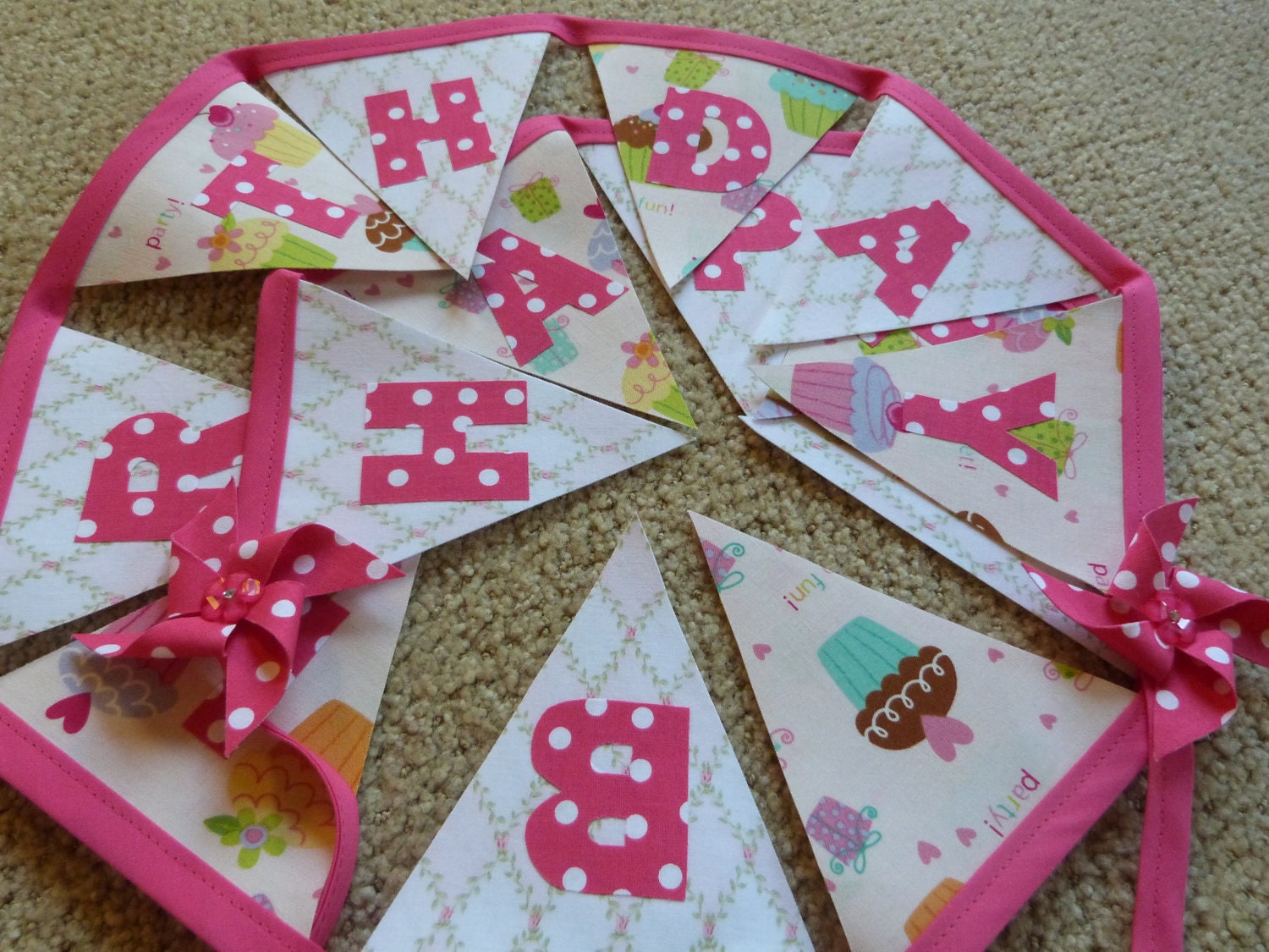 Pink Polka Dot HAPPY BIRTHDAY Cupcake Fabric Bunting Banner - 8 Ft