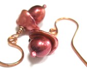Rhubarb Cranberry Pearl Earrings Rosy Red Dangles Copper Handmade Earwires - RoughMagicCreations