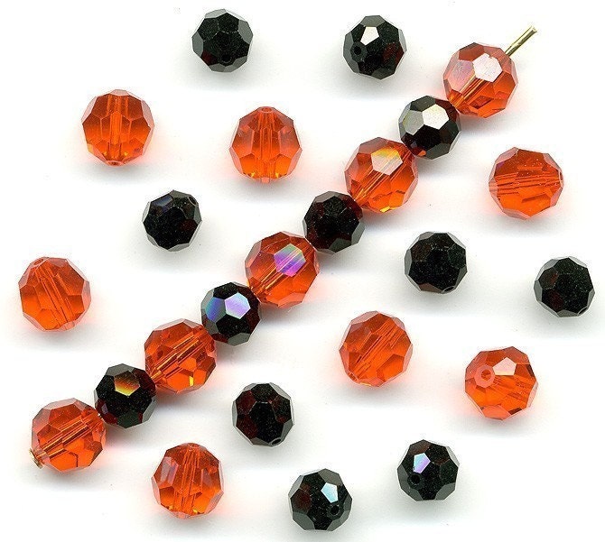 Vintage Crystal Beads 7mm Orange & 6mm Black Swarovski Mix of Hyacinth, Jet