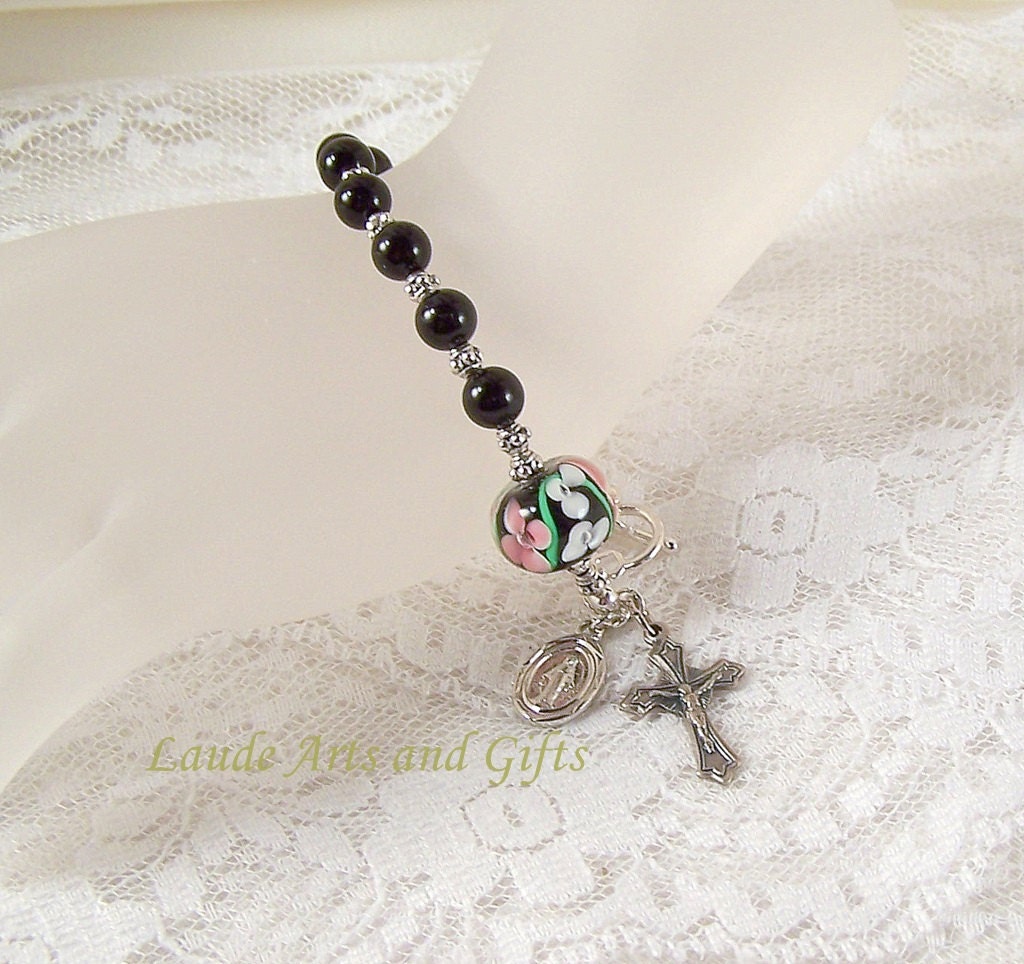 Miraculous Medal Rosary Bracelet Black Onyx Adjustable