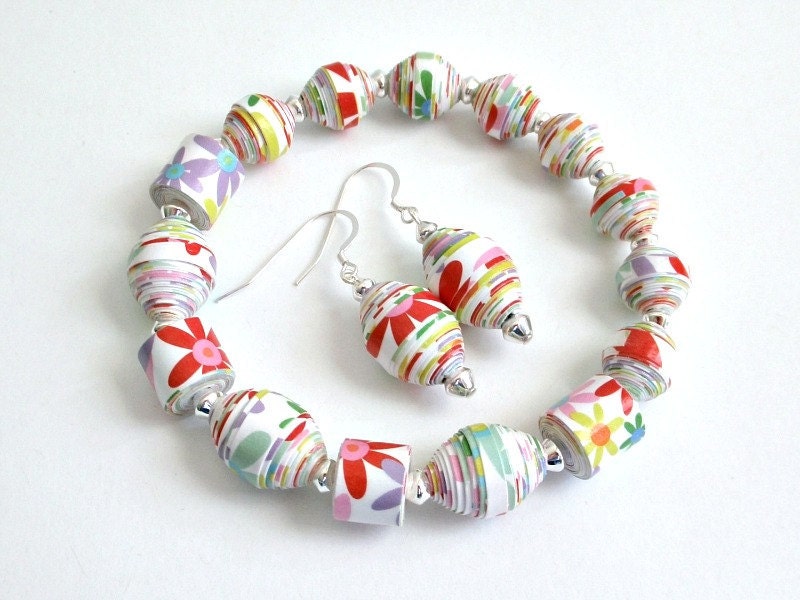 Bright Floral, PAPER BEAD Bracelet and Dangle Earrings Set - custom sizing, shipping included