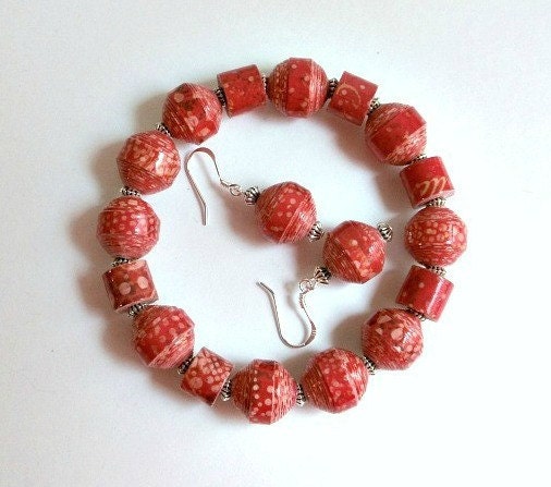 Tomato Red Print PAPER BEAD Bracelet and Dangle Earrings Set - custom sizing, shipping included