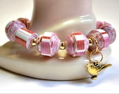 Pink Orange and White Stripe, Paper Bead Stretch Bracelet - custom sizing, shipping included