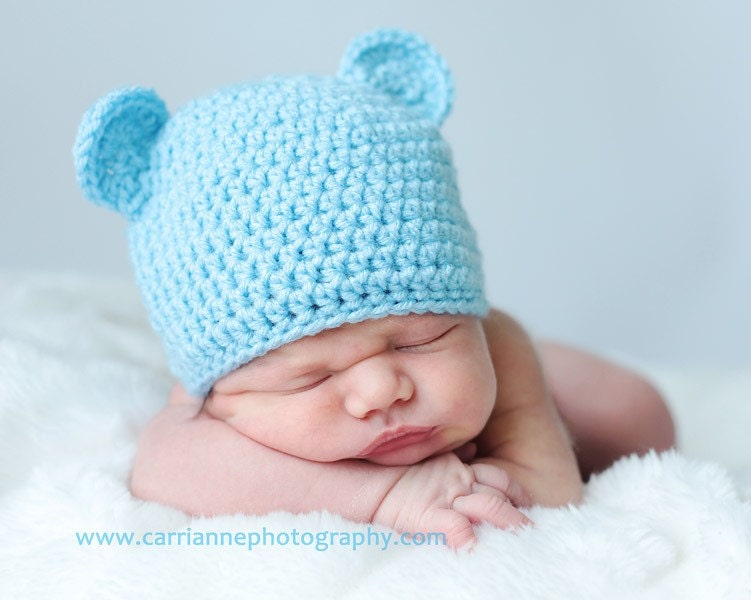 Crocheted (Light Blue) Teddy Bear Beanie Hat - Fits Newborn to 3 Months (Photography Prop) Ready to Ship
