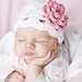 Treasury Item - White Newborn Baby Scalloped Hat with 3 Flowers - You Choose Colors (Great Photography Prop)