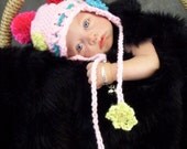 Pretty Pink Crochet Earflap Hat with Flower appliqués/ Newborn Photography Prop Ready to Ship