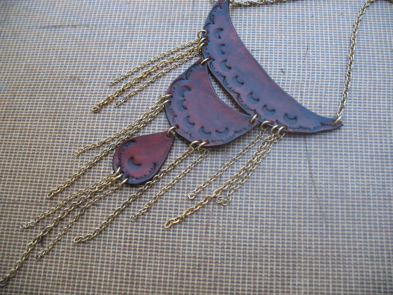 We Are Stardust Tooled Leather Tiered Necklace with Chain Fringe by flaming hag folkwear