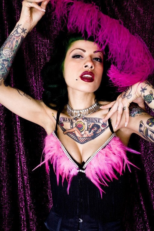 Pink Feather Black Tassle Rhinestone Burlesque Bra Size 36B