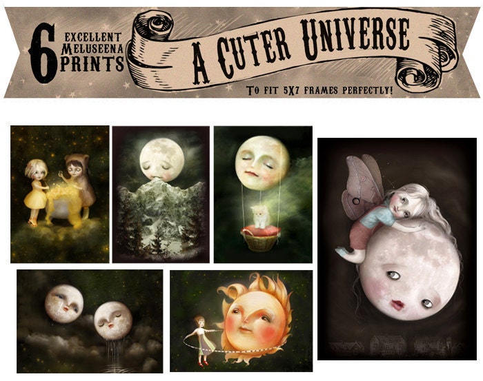Cuter Universe SIX PRINT Set - 5X7 Moon images by Meluseena