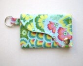 Tri-fold Credit Card / Business Card Holder/ Wallet/ Keyfob made w/ Designer fabric Peacock Feathers in Sea Glass