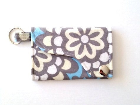 Tri-fold Credit Card / Business Card Holder/ Keyfob  made w/ Designer fabric Wall Flower in sky