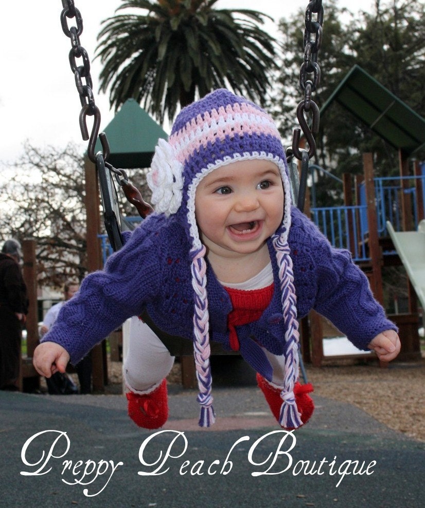 Crochet Baby Hats, Photography Prop, Girl Hats, Newborn to 3 Months, Flower Hat - Purple, White, Pink Earflap Beanie, Photographer Prop