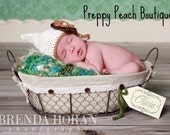 Crochet Baby Hats, Baby Girl Hats, Newborn to 3 Months, Photography Prop, Tan Gnome Pixie Earflap Hat, Brown Flower, Photographer Prop