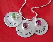 hand stamped silver custom triple name necklace with birthstones