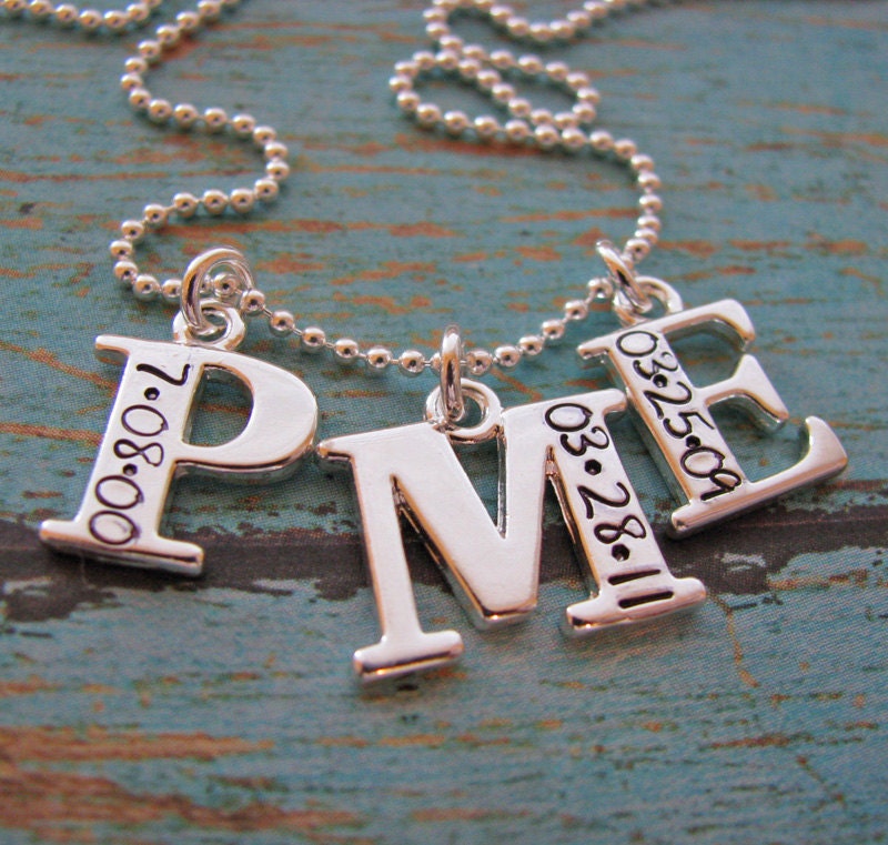 hand stamped triple initial with date necklace