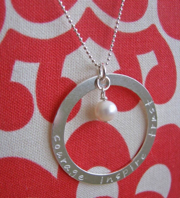 hand stamped silver custom circle washer necklace with dangle birthstone or pearl - personalize with names, words, quote