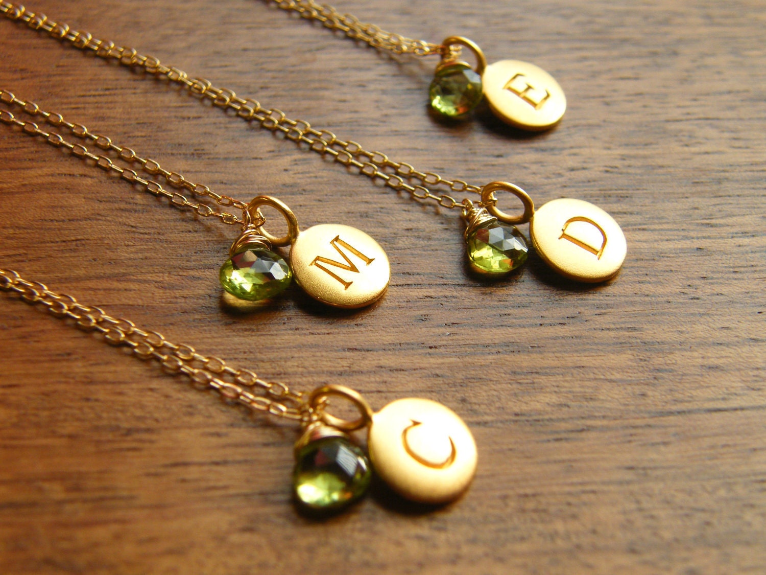 Personalized Initial Pendant Disc with Gemstone Gold Filled Necklaces - Bridesmaids Gift - Set of three (3)
