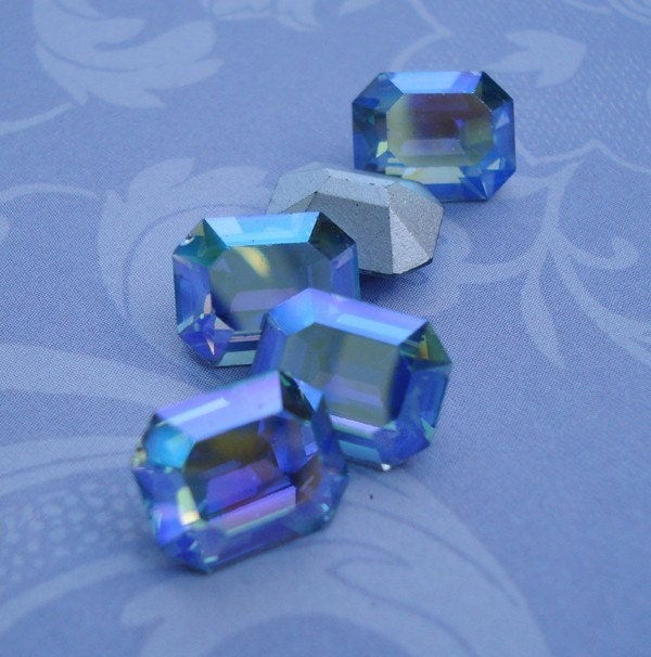 Vintage 8x10mm Swarovski Light Sapphire Blue AB Silver Foiled Pointed Back Octagon Glass Jewels (5 pieces)