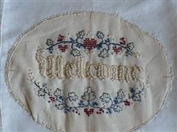 Vintage White Hankie Gift Bag House Warming Set Embroidery  -Red and Blue