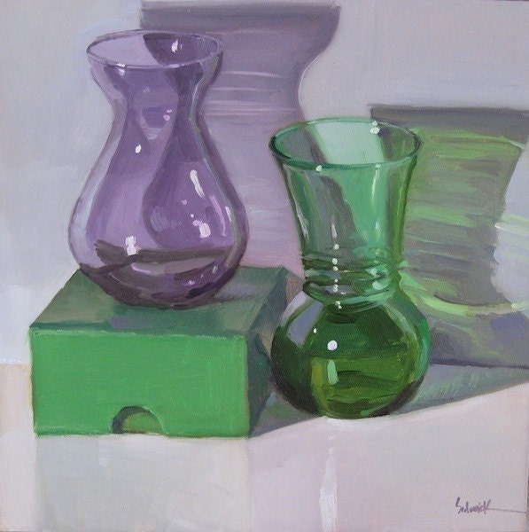 Framed art, original oil painting "Purple and Green Glass Bottles" 6x6in canvas, 9x9in framed