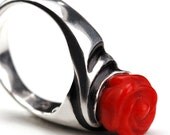 rose- sterling silver ring with enamel and coral