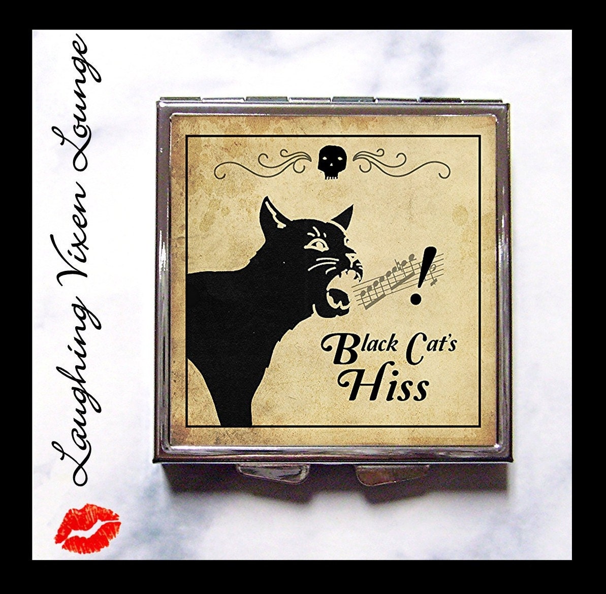 Black Cat Compact Mirror - Magic Potion Label Black Cat's Hiss Compact - Pill Box - Wizard Witch Potion - Magic Spell - Witch Spell