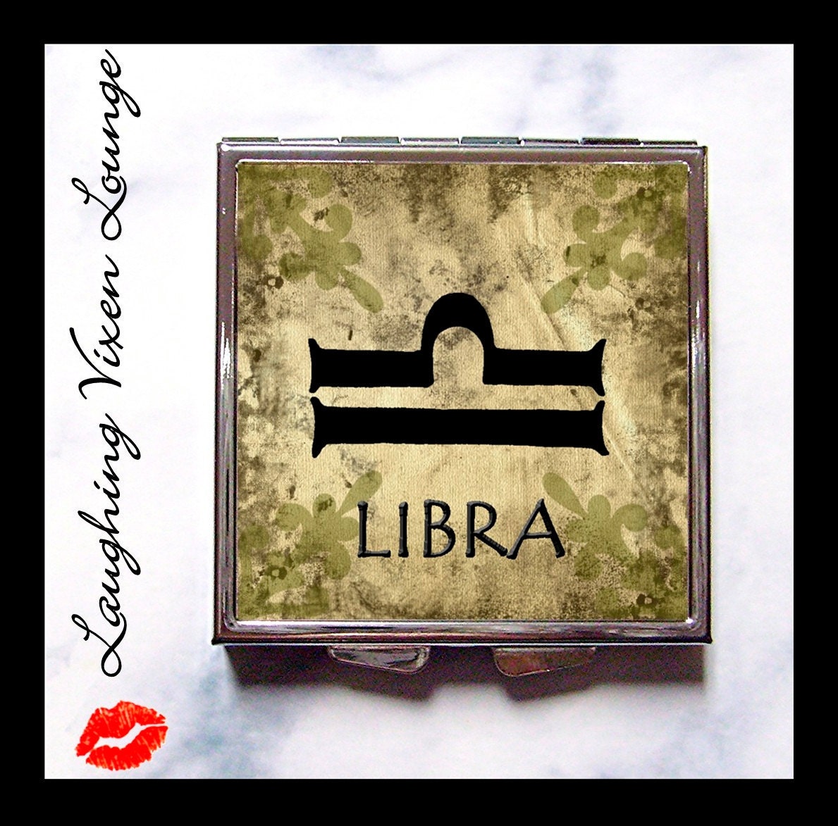 Libra Compact Mirror - Zodiac Astrology - Libra Primitive - Pill Box - Horoscope - September October Birthday Birth Sign - Pill Case