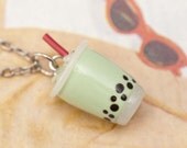 Necklace - Japanese Green Milk Tea Boba Drink Handmade by Roscata