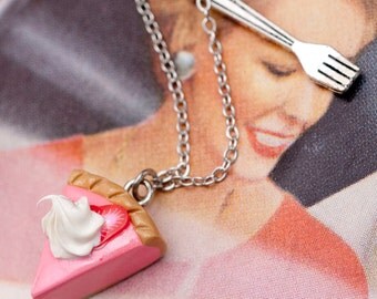 Necklace - Strawberries and Cream Pie with Tiny Fork Charm Handmade by Roscata
