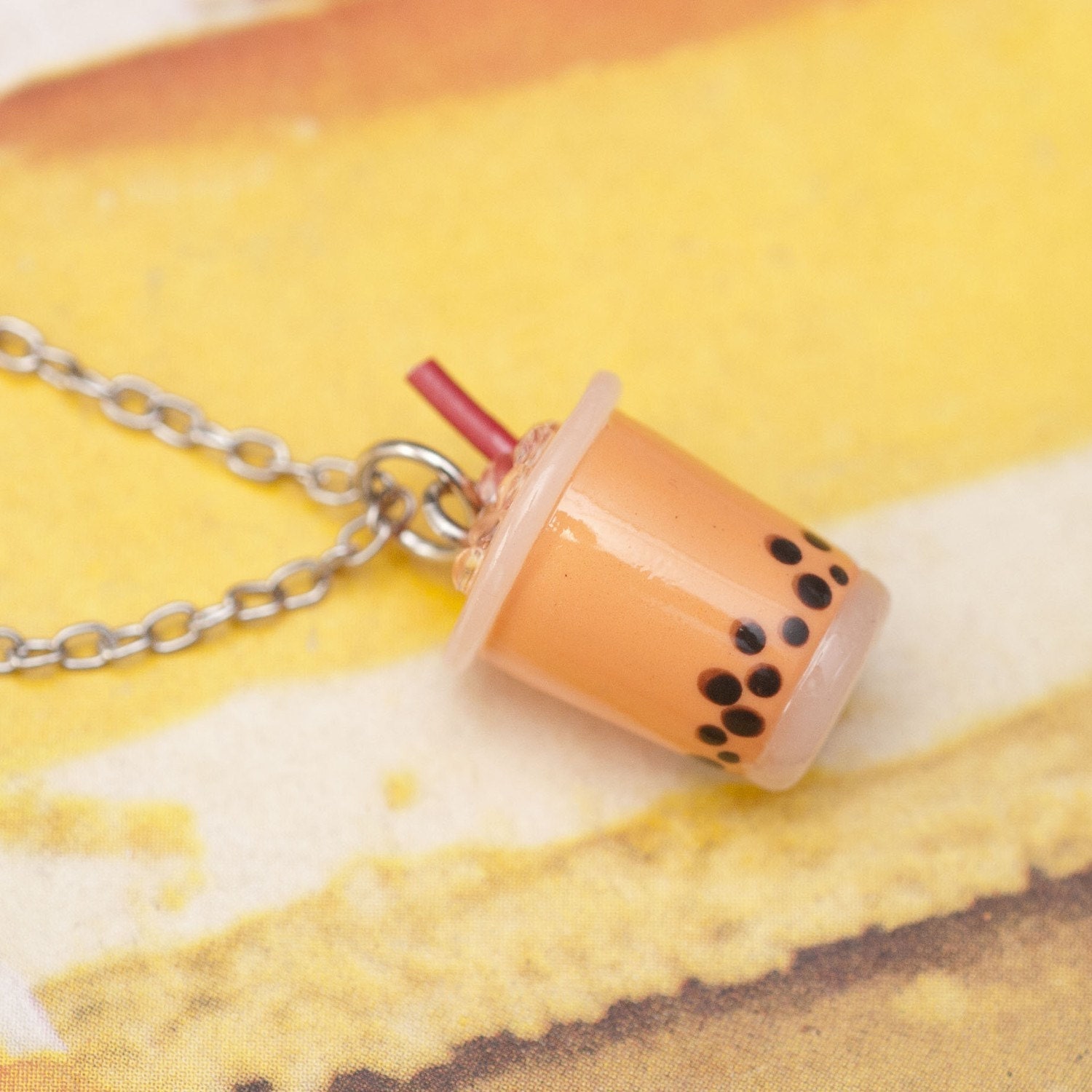 Necklace - Thai Iced Tea Boba Drink Handmade by Roscata