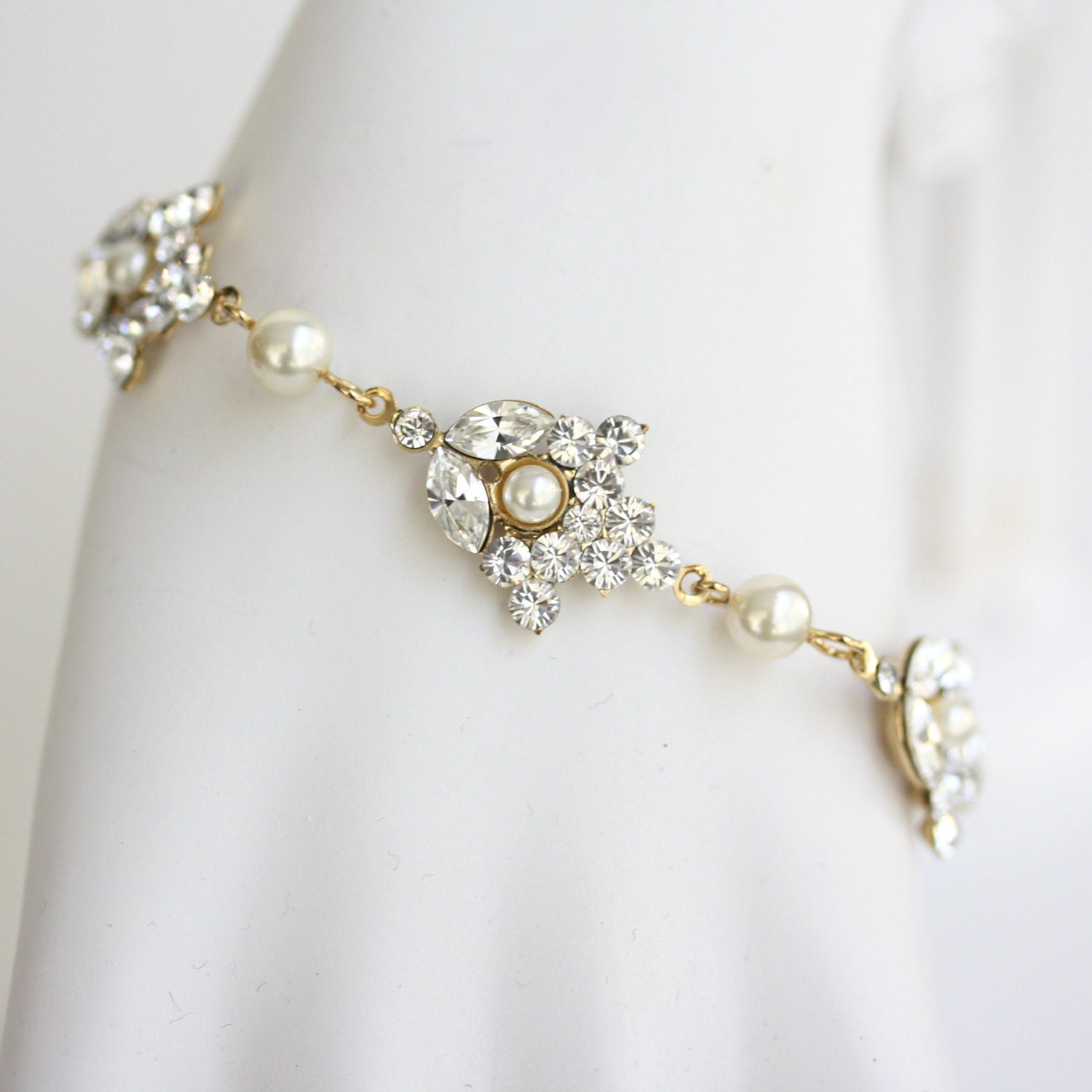 Gold Wedding Bracelet, Swarovski Rhinestone Wedding Jewelry, Pearl and Rhinestone Bracelet  . SEPTEMBER