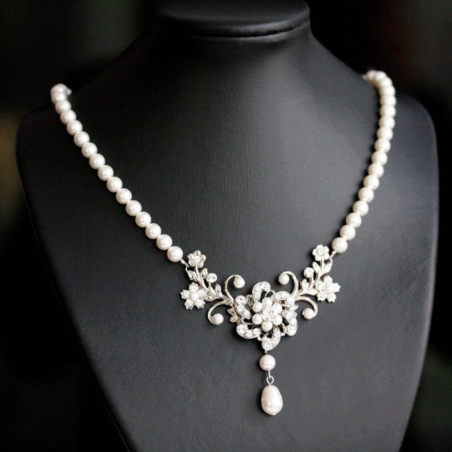 Wedding Necklace, White Pearl necklace, Vintage rhinestone flowers, Swarovski Wedding Jewelry, Sabine Classic