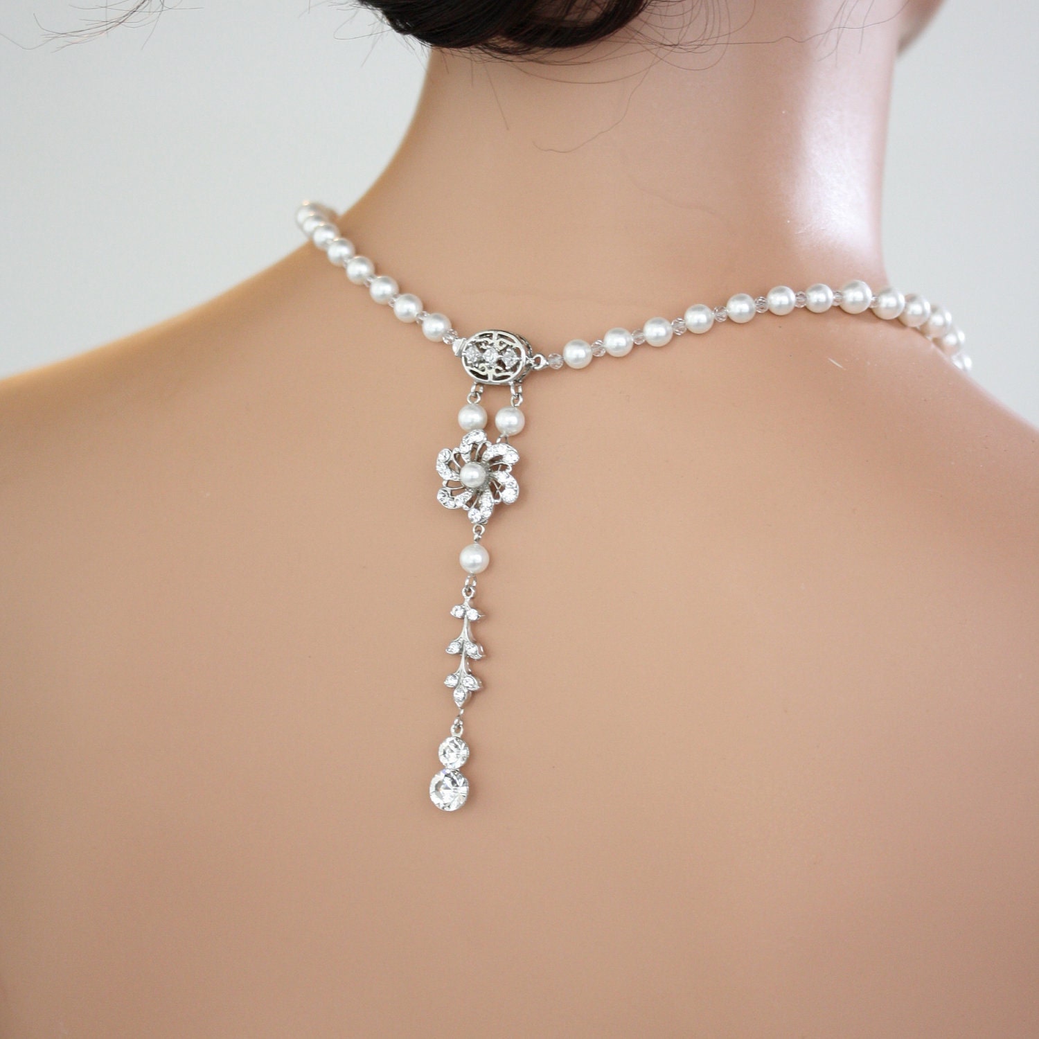 Pearl Necklace on White Pearl Bridal Necklace  Back Drop Necklace  Single Strand Pearl