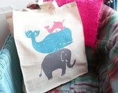 Pink Dolphin, Whales and elephant sandwich- Hand printed large tote bag