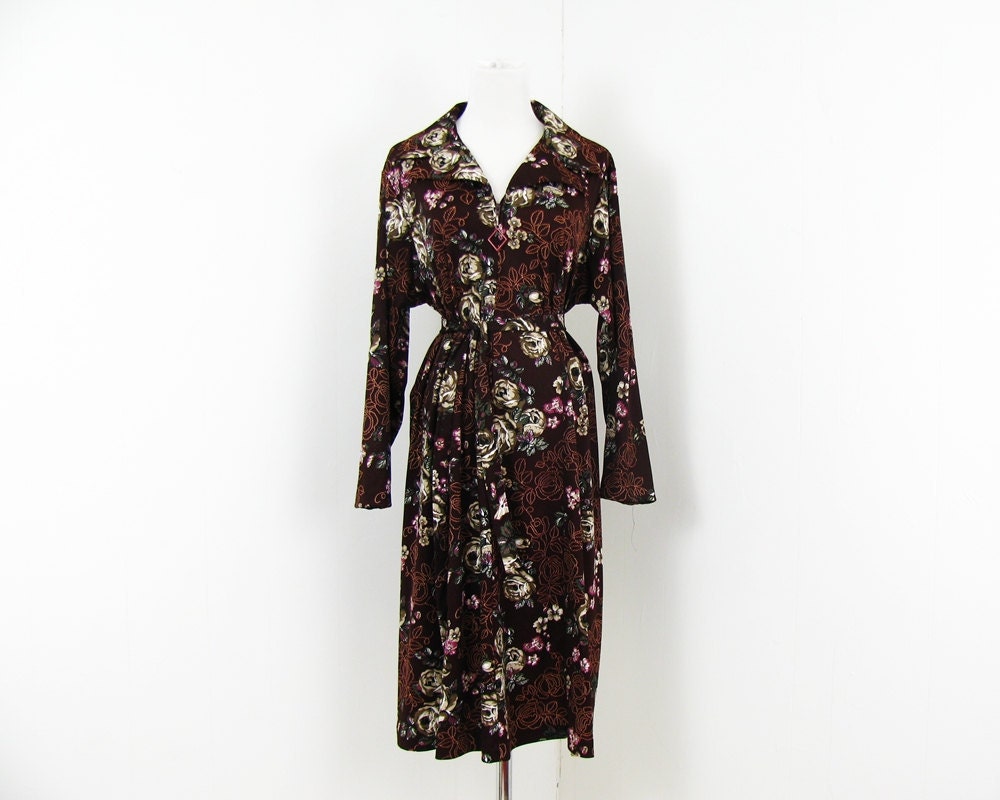 1970s Print Dress Chocolate and Roses Day Dress XL Plus Size