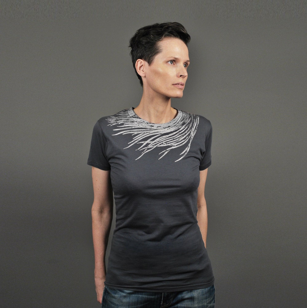 Womens Grey T Shirt - Peacock Feather Print, Valentines Day Gift, Silver Metallic Feather Screen print
