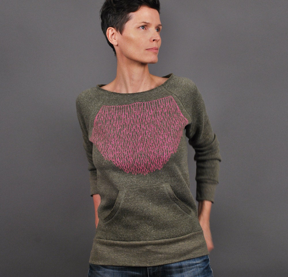 Eco Fashion Military Green Sweatshirt - Summer Fashion - Soft Eco Fleece - Pink Geometric Lace