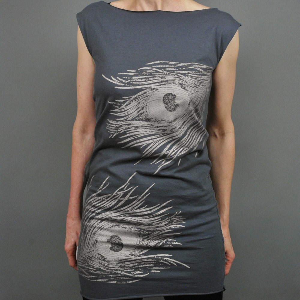 Silver Feather Party Dress, Grey Tshirt Dress - Metallic Silver Peacock Feather Print - Party Fashion