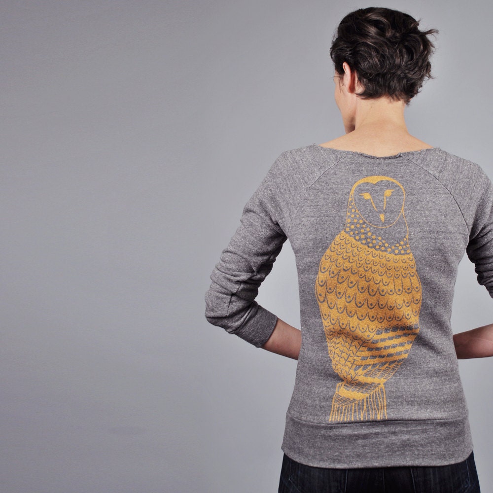 Winter Woodland - Heather Grey Eco Fashion Fleece, Winter Fashion - Owl Sweatshirt - Gold Owl Bird Feather Print