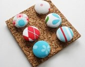 Ready to Ship - Red and Turquoise Fabric Covered Push Pin Thumbtack Set