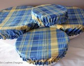 Picnic Food Bowl Covers Lids Reusable Elastic Blue Yellow Plaid Fabric (set of 4)