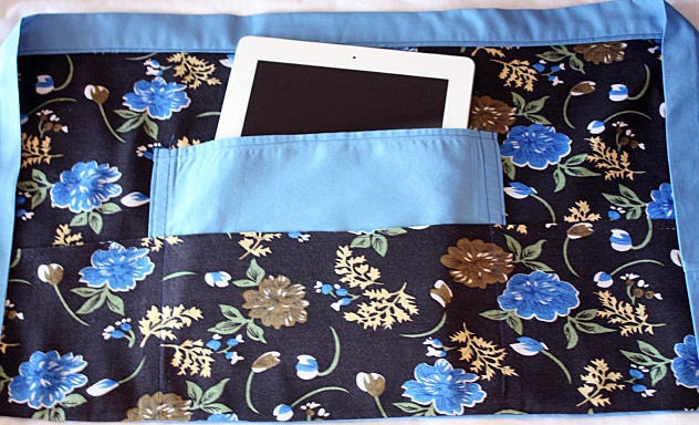Waist Half Apron iPad Art Craft Teacher Vendor Blue Black Flower Fabric (4 Pockets)