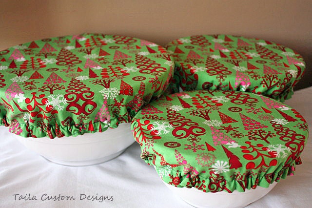 Red Green Pink Christmas Tree Fabric Food Bowl Covers Holiday Reusable (3 Pcs) - TailaCustomDesigns